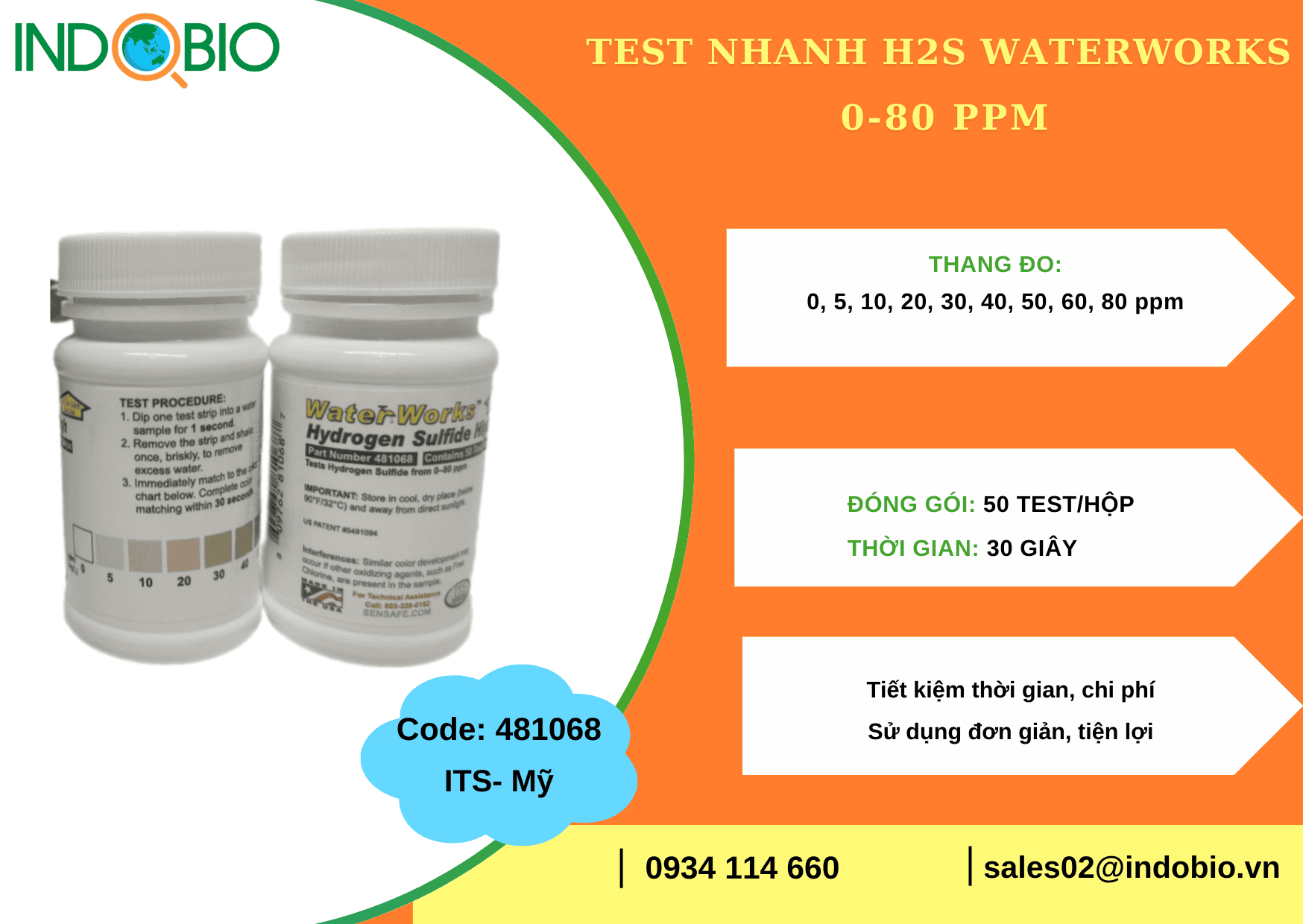QUE TEST H2S WATERWORKS : KIỂM TRA NHANH HYDRO SULFIDE 0-80PPM TRONG 30S (HỘP 50 QUE TEST)